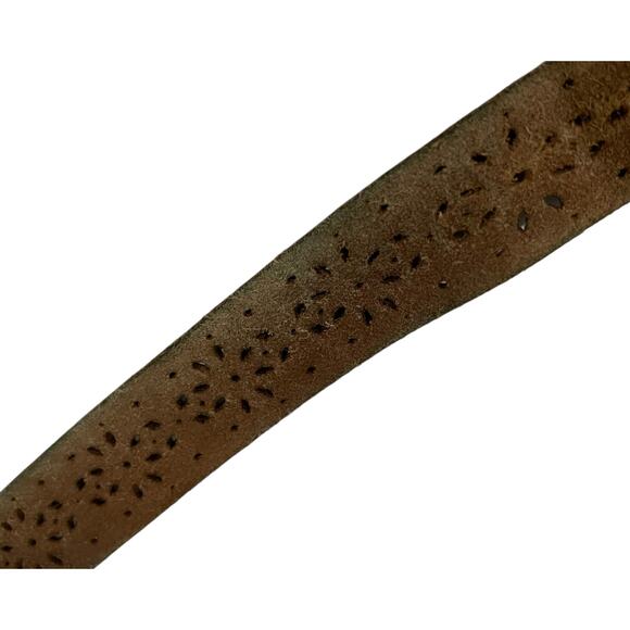 Lucky Brand Womens Leather Belt Sz Medium Brown Laser Cut Boho Brass Buckle - Picture 7 of 12